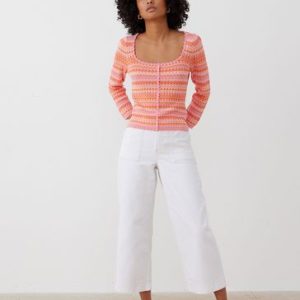 ENDLESS271 | Cream Contrast Stitch Scallop White Jeans